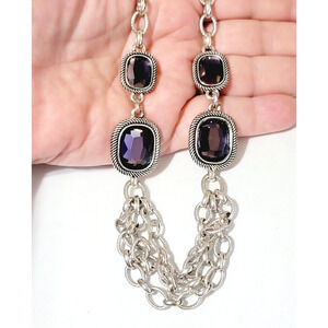 Etienne Aigner Necklace Purple Glass Faceted Etruscan Style Silver-tone blu00244